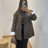 Blazer rayé retroussé [ marron ]