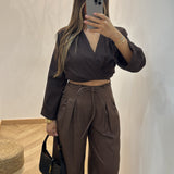 Pantalon façon lin [ marron ]