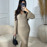 Robe moulante col v [ camel ]
