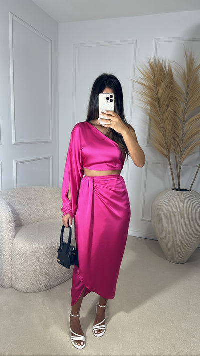Ensemble satin une manche [ fushia ]