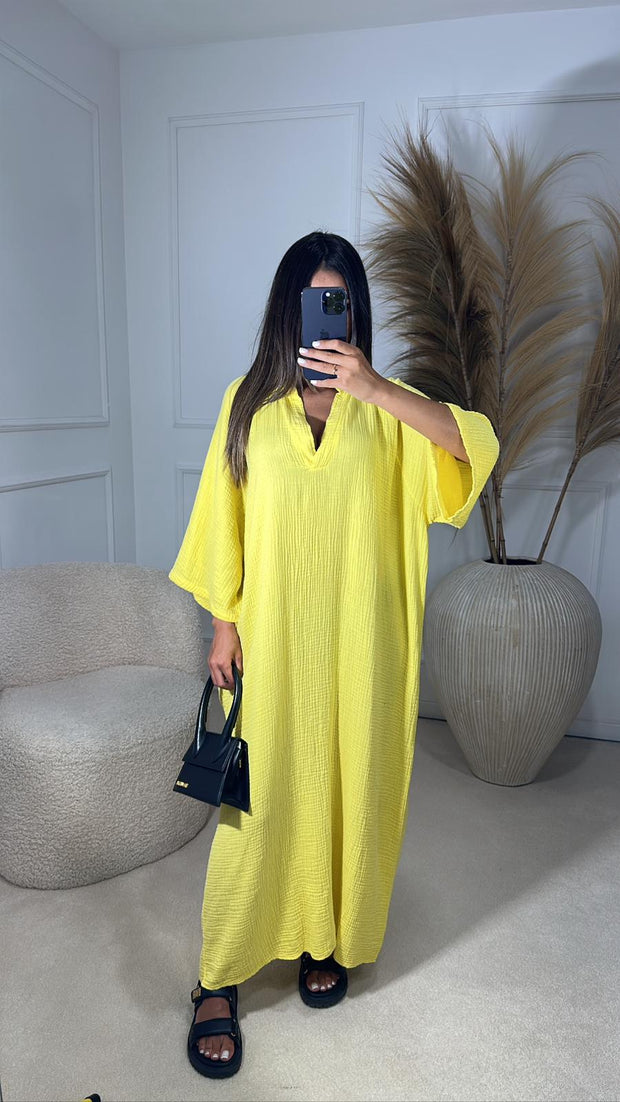Robe gaz de coton col v [ jaune ]