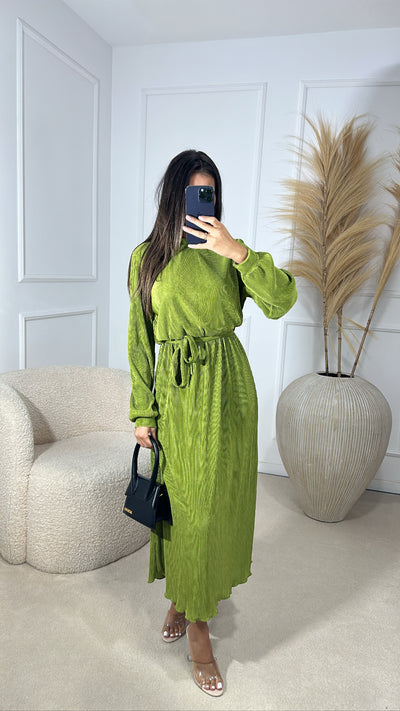 Robe plisse col rond  [ vert olive ]