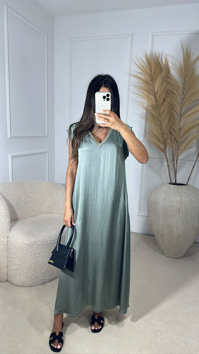 Robe satinée sans manche [ kaki ]