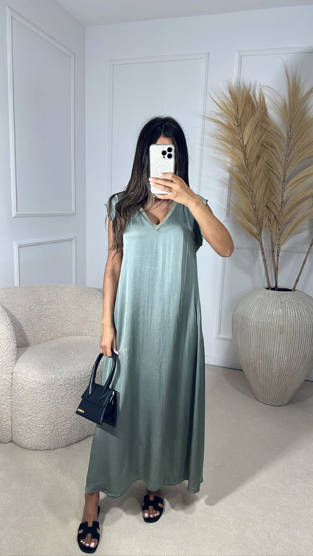 Robe satinée sans manche [ kaki ]